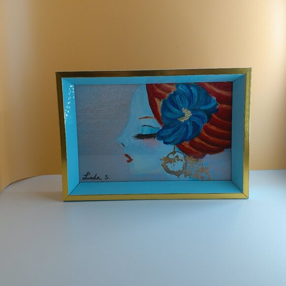 Girl with Red Turban 4x6 Art print within a new light blue/gold wood Frame - Picture 3 of 6